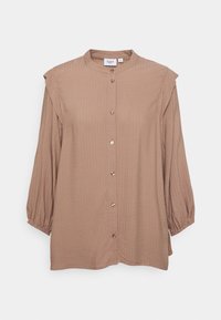 Blusa marrone a maniche lunghe con chiusura a bottoni, tessuto testurizzato, colletto alla coreana e maniche arricciate, con un fit morbido.