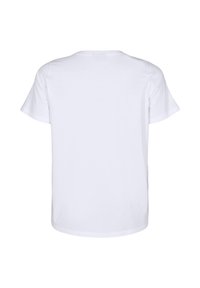 Bílý bavlněný tričko, krátké rukávy, klasický design s kulatým výstřihem, hladká textura, žádné viditelné grafiky ani ozdoby na zadní straně.