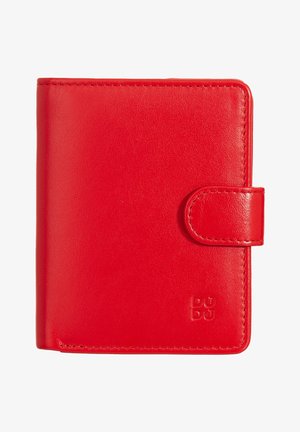 Red leather wallet with a smooth texture, rectangular shape, and a snap closure. Features subtle branding at the bottom corner.