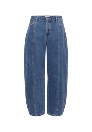Jean en denim bleu clair avec une coupe décontractée, dotés d'une taille haute, de jambes larges et de coutures visibles le long des panneaux avant.