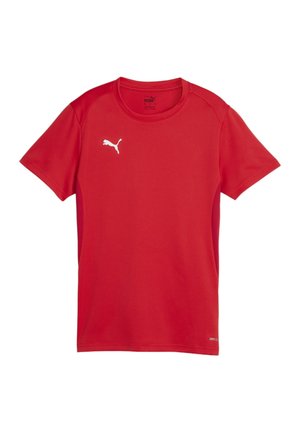 Rotes, kurzärmliges Sportshirt mit Rundhalsausschnitt, das ein weißes Puma-Logo auf der Brust und ein strukturiertes Material zur Feuchtigkeitsregulierung aufweist.
