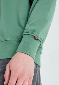 Groene sweatshirt van zacht materiaal, met een ribbelmanchet en een klein rood Levi's etiket. Hand rustend tegen een grijze stof.