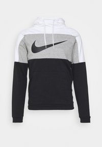 Sweat à capuche Nike avec un design en blocs de couleurs gris, noir et blanc. Tissu doux, poche kangourou et logo noir en accent.