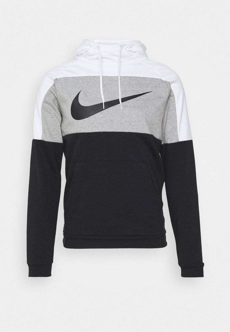 Sweat à capuche Nike avec un design en blocs de couleurs gris, noir et blanc. Tissu doux, poche kangourou et logo noir en accent.