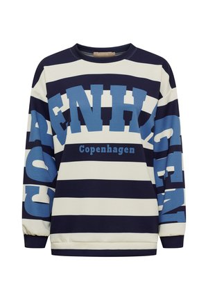 Langærmet sweatshirt med marineblå og hvide striber og stor blå "COPENHAGEN" tekst tværs over fronten og ærmerne.