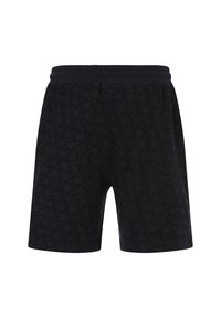 Pantalones cortos negros con un sutil patrón repetido, cinturilla elástica y un ajuste relajado. Confeccionados con una suave tela texturizada.