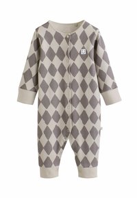 Braun und beige Babykombination mit Rautenmuster, gerippter Textur, Druckknöpfen und langen Ärmeln; verfügt über ein kleines lächelndes Gesicht-Logo.