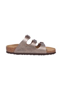 Metallisk bronzfärgad slidesandal med tre justerbara remmar, korkfotbädd och strukturerad gummisula. Har präglad logotyp på sidan.