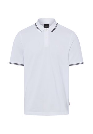 Biała koszulka polo z krótkim rękawem, czarne podwójne paski na kołnierzyku i krawędziach rękawów, zapinana na guziki listwa oraz mała boczna metka.