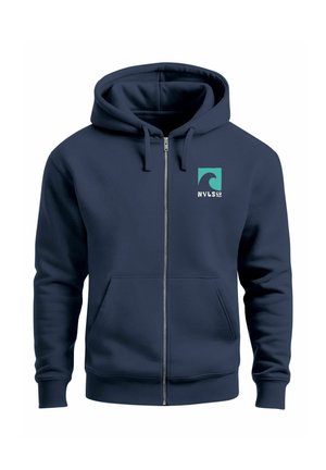 Navy blue zip-up hoodie made from soft fabric, featuring a front pocket and a logo on the left chest with a wave graphic and text.