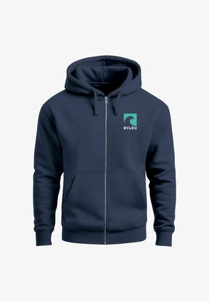 Navy blue zip-up hoodie made from soft fabric, featuring a front pocket and a logo on the left chest with a wave graphic and text.