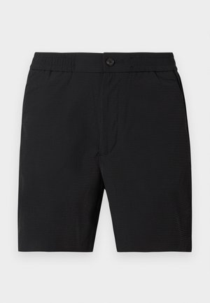 Mørke midtlange shorts til mænd med elastisk taljebånd, knaplukning og sidelommer, vist mod en ensfarvet baggrund.