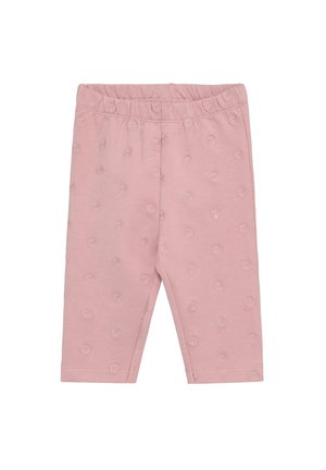 Różowe bawełniane legginsy o miękkiej fakturze, z powtarzającym się wzorem kwiatowym, elastycznym pasem i zwężanymi nogawkami.