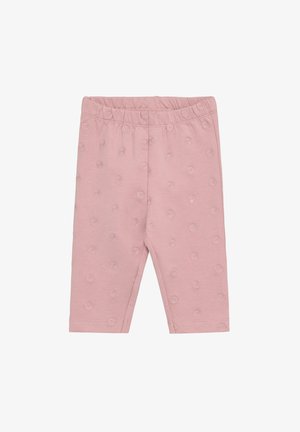Leggings de algodón rosa con una textura suave, que presentan un patrón repetido de flores, cintura elástica y piernas ajustadas.