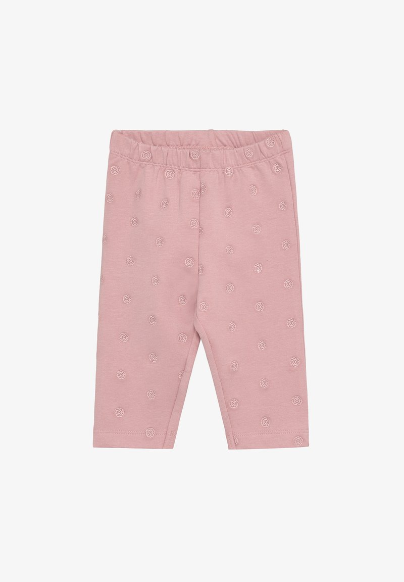 Leggings de algodón rosa con una textura suave, que presentan un patrón repetido de flores, cintura elástica y piernas ajustadas.