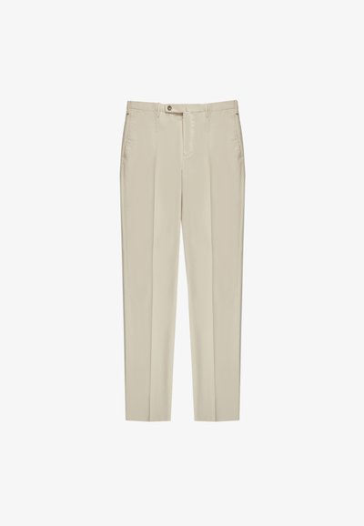 Lichtbeige broeken gemaakt van gladde stof. Ontwerp heeft een platte voorkant, ritssluiting en een enkele knoopsluiting. Getailleerde pasvorm met zijzakken.