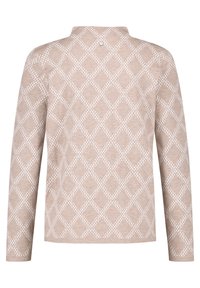 Pull beige à manches longues avec un motif losange blanc en treillis et un petit détail bouton à l'arrière du col.