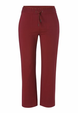 Pantalons cropped bordeaux avec une taille élastique et un cordon de serrage. Tissu lisse, coupe droite et sans poches visibles.