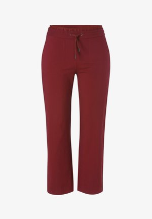 Burgundy cropped pants with an elastic waistband and drawstring. Smooth fabric, straight cut, and no visible pockets.