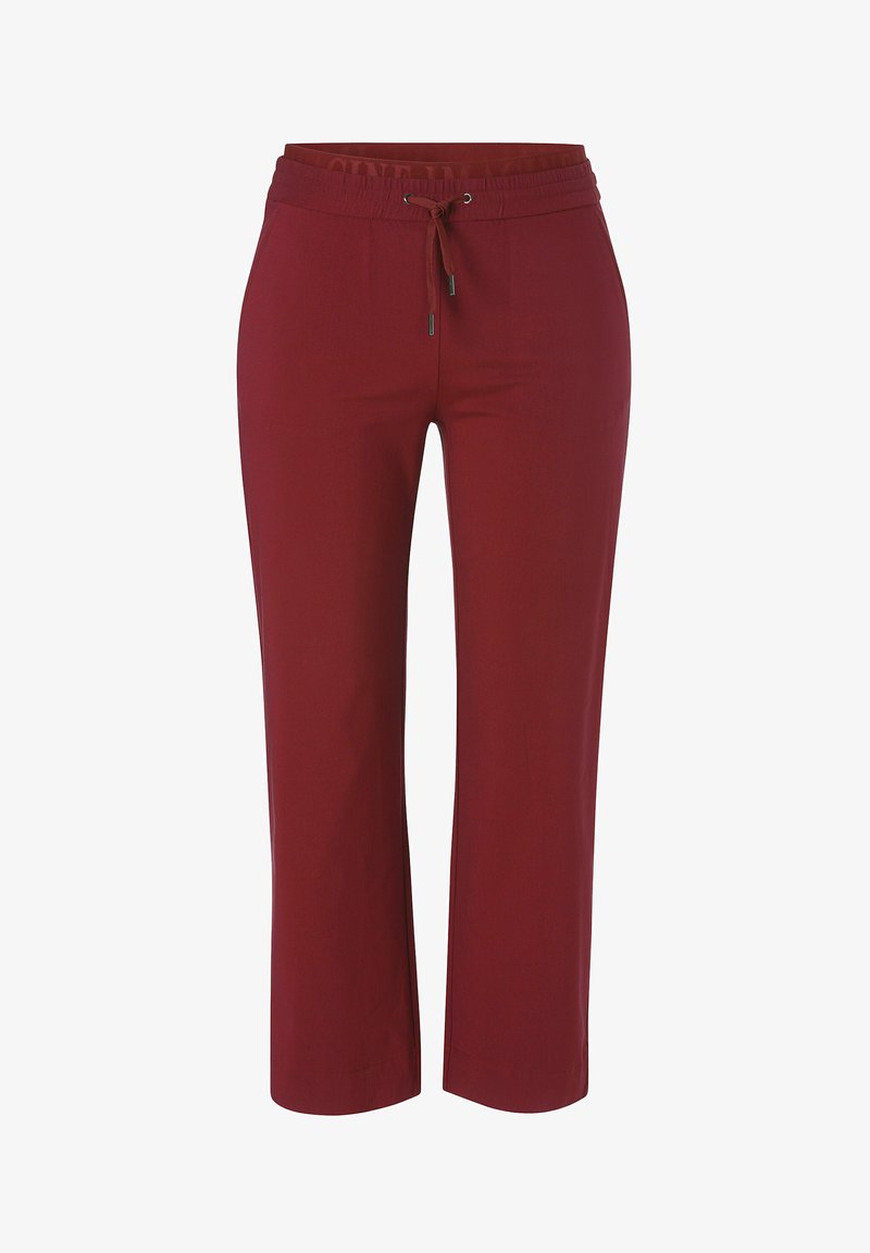 Burgunderfarbene, cropped Hose mit elastischem Bund und Kordelzug. Glattes Material, gerader Schnitt und keine sichtbaren Taschen.