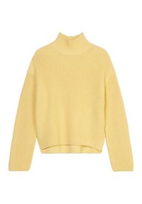 Żółty sweter dzianinowy z wysokim kołnierzem i skróconym krojem. Posiada szerokie rękawy oraz teksturowane prążkowanie na całej powierzchni.
