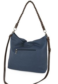 Bolso de hombro de lona azul con un acabado texturizado, que presenta una correa trenzada marrón y un bolsillo exterior con cremallera para mayor funcionalidad.