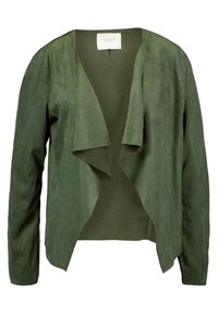 Zelený semišový kardigan s otevřeným předním dílem, dlouhými rukávy a měkkou, hladkou texturou. Má volný střih s výrazným kaskádovitým límcem pro pohodlné nošení.