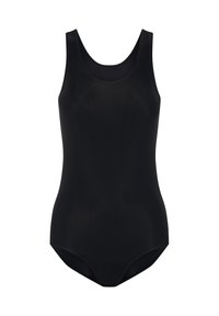 Maillot de bain noir une pièce avec une texture lisse et mate. Présente un col en forme de scoop et des bretelles larges. Design simple, sans motifs ni embellissements.