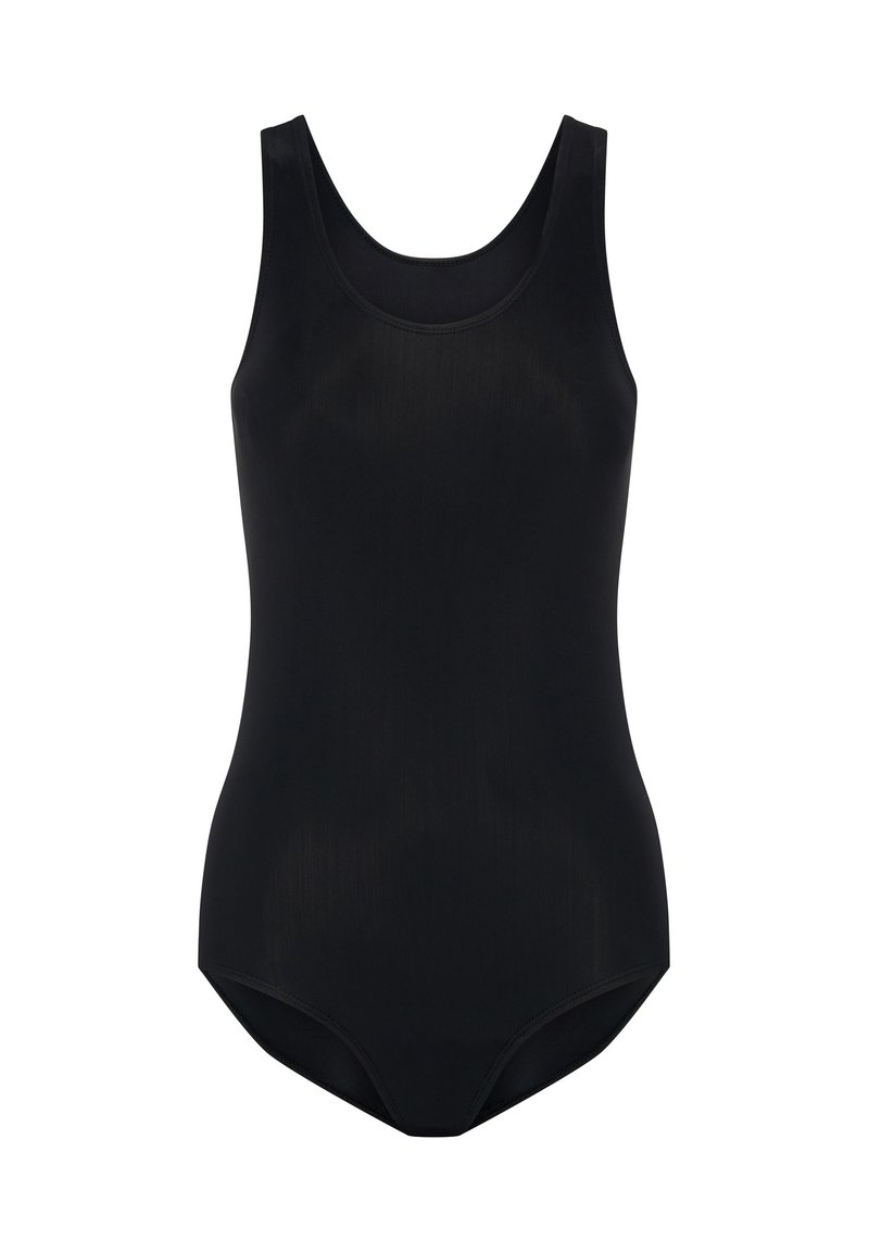 Maillot de bain noir une pièce avec une texture lisse et mate. Présente un col en forme de scoop et des bretelles larges. Design simple, sans motifs ni embellissements.