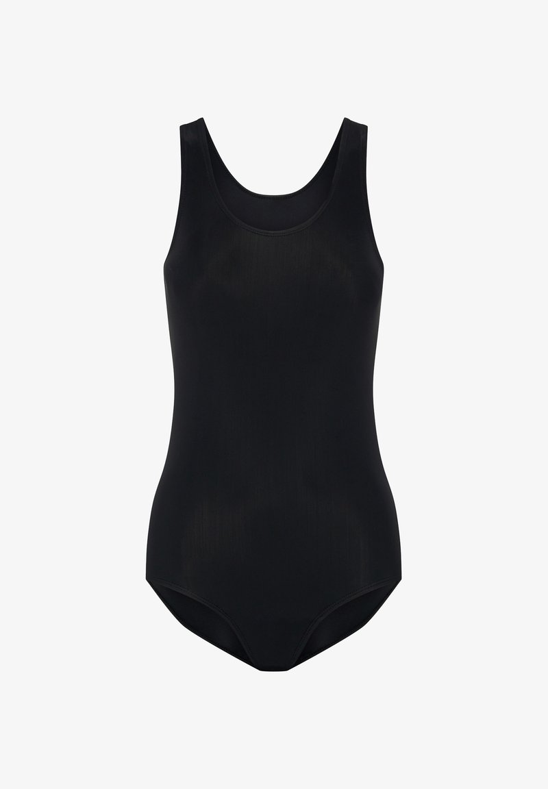 Maillot de bain noir une pièce avec une texture lisse et mate. Présente un col en forme de scoop et des bretelles larges. Design simple, sans motifs ni embellissements.