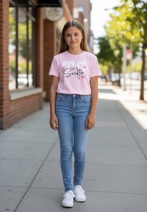 Pre-Teen-Mädchen steht auf dem Bürgersteig und trägt ein pinkfarbenes T-Shirt mit der Aufschrift „I'm a Swiftie“, blaue Jeans und weiße Turnschuhe. Im Hintergrund sind ein Backsteingebäude und Bäume zu sehen.