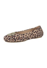 Ballettschuh mit Leopardenmuster, runder Zehenpartie, weichem Obermaterial und einem goldenen Metallakzent auf dem Vorderblatt. Flache Gummisohle ohne Absatz.