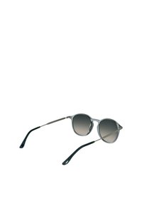Round sunglasses with gray gradient lenses. Clear acetate frame, silver metal accents, and dark green temples with a subtle design detail.