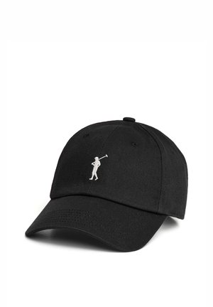 Czarna czapka z daszkiem z małym białym haftowanym golfistą wykonującym zamach kijem golfowym na przednim środkowym panelu.