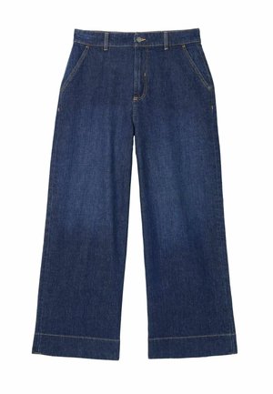 Laskoshousut tummansinisestä denimistä. Sisältää kaksi etutaskua, napin kiinnityksen ja näkyvät ompeleet helman kohdalla.