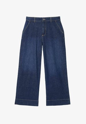 Laskoshousut tummansinisestä denimistä. Sisältää kaksi etutaskua, napin kiinnityksen ja näkyvät ompeleet helman kohdalla.