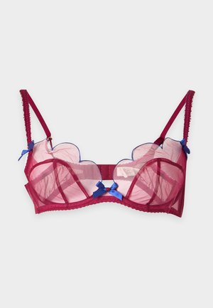 Soutien-gorge bordeaux transparent avec bords festonnés, accents de nœuds bleus sur les bretelles et au centre, et fines bretelles d'épaule réglables.