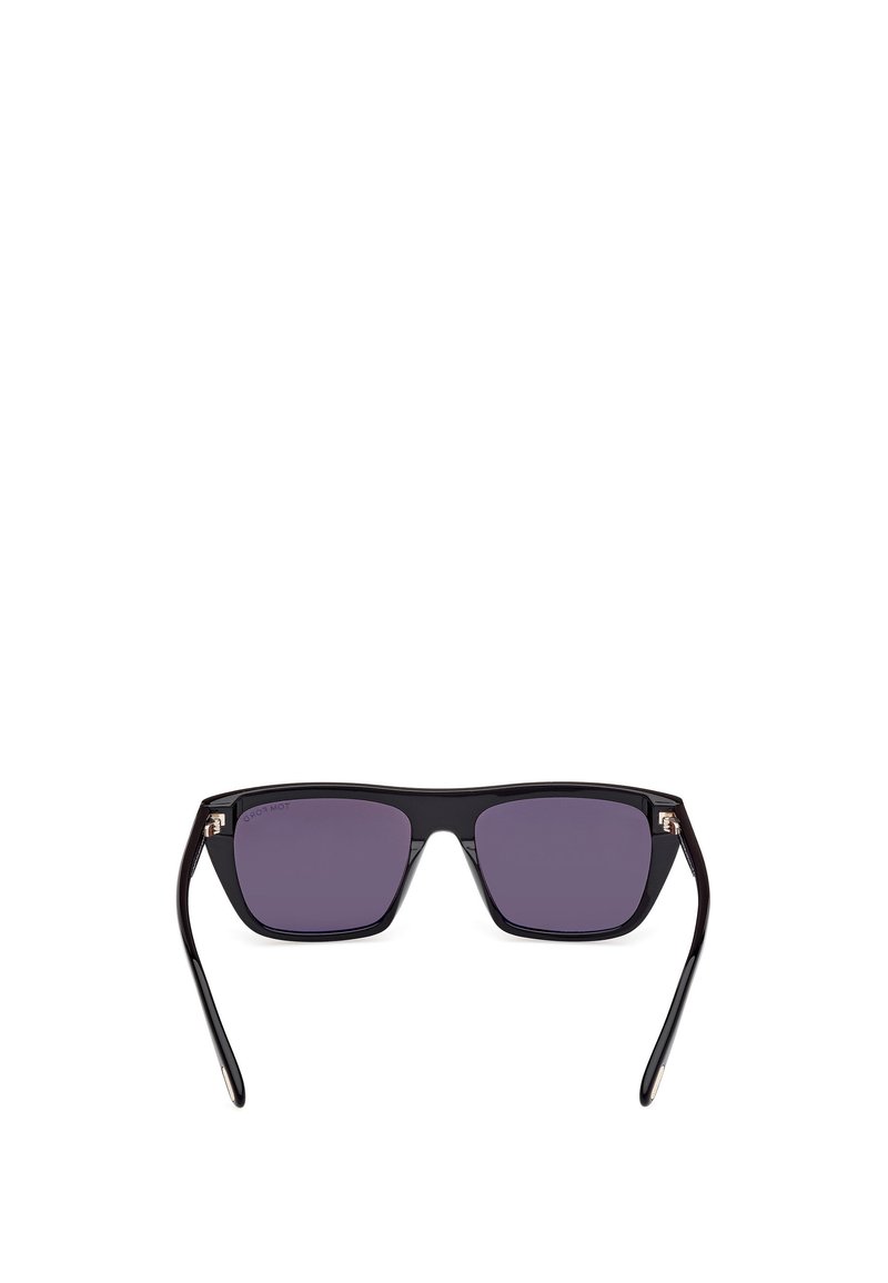 Black plastic sunglasses with purple tinted lenses, squared shape, and thin temples featuring subtle metallic accents.