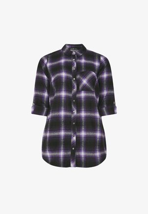 Camicia a quadri nera e viola con bottoni frontali, colletto e maniche arrotolate. Presenta una tasca sul petto e una vestibilità comoda.