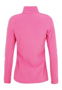 Giacca in pile di un vivace rosa con colletto alto, maniche lunghe e una superficie liscia e morbida. Design semplice, senza chiusure o motivi visibili.