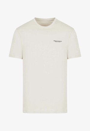 Off-white kurzärmeliges T-Shirt von Armani Exchange mit kleinem schwarzem Logotext auf der oberen linken Brust.