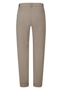 Pantalon beige slim avec poignets élastiques, poche passepoilée arrière, passants de ceinture et détails de couture au niveau des genoux, vu de dos.