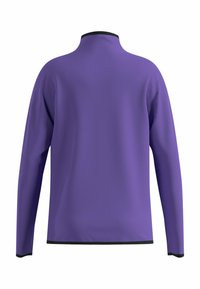 Lila Langarmpullover mit hohem Kragen, aus weichem Material, mit schwarzem Besatz am Kragen und an den Ärmelbündchen, glatte Textur.
