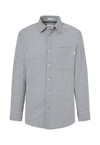 Camisa de botones de manga larga con un pequeño patrón de cuadros azules y blancos y un bolsillo en el lado izquierdo del pecho.