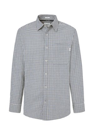 Camisa de botones de manga larga con un pequeño patrón de cuadros azules y blancos y un bolsillo en el lado izquierdo del pecho.