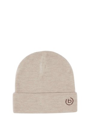Beige knitted beanie hat with a folded brim and a small brown embroidered circular logo on the front right side.