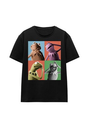 Black t-shirt featuring four colorful panels of a green puppet character with different thoughtful and surprised expressions.
