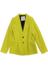 Blazer verde lime, design su misura con rever a un bottone, due tasche frontali e chiusura a un bottone, realizzato in tessuto liscio.