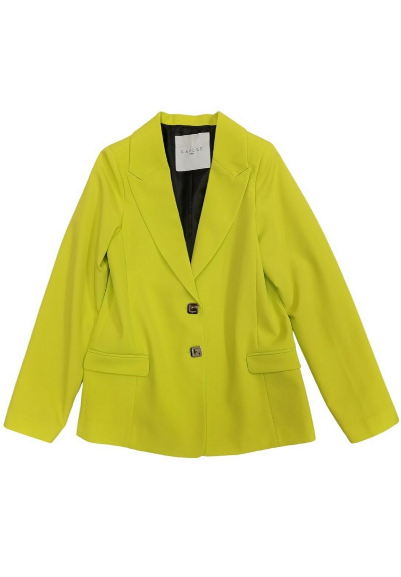 Blazer verde lime, design su misura con rever a un bottone, due tasche frontali e chiusura a un bottone, realizzato in tessuto liscio.