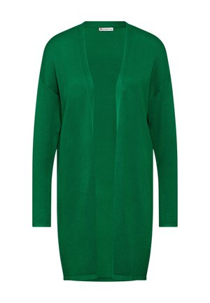 Lang grøn cardigan med åben front, lange ærmer, enkelt design og ingen synlige knapper eller lommer.